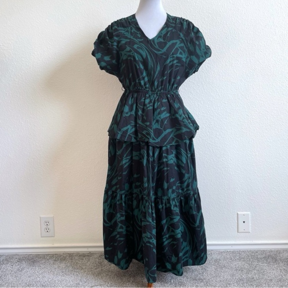 Scoop Cottage Core Midi Dress Womens Medium Green Black Tiered Modest Boho Vneck